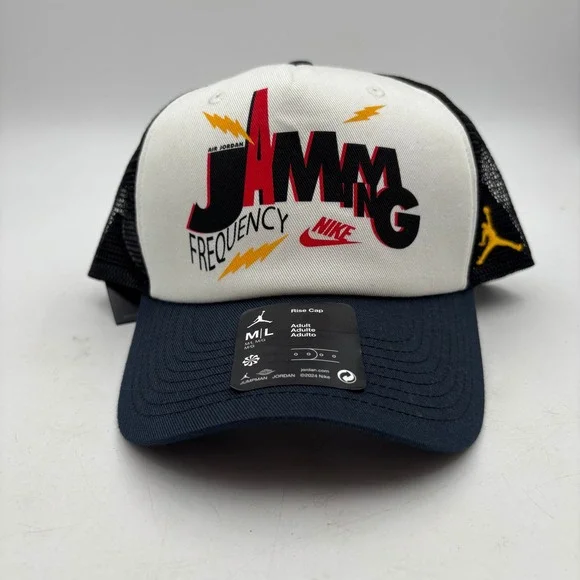 Nike Jordan Rise Cap Trucker Hat White Black Navy Mesh M L "Jammin Frequency" - Picture 3 of 10